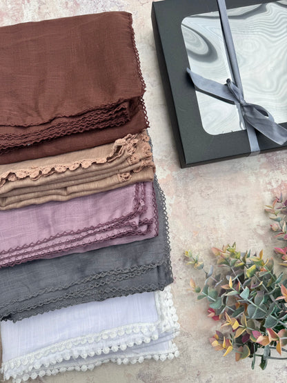 premium lace coco hijab set presented in a gift box