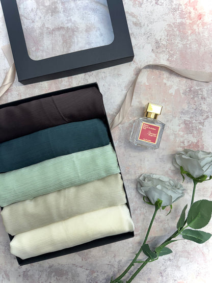 premium plain dubai crinkle 5 poodna hijab set presented in a gift box