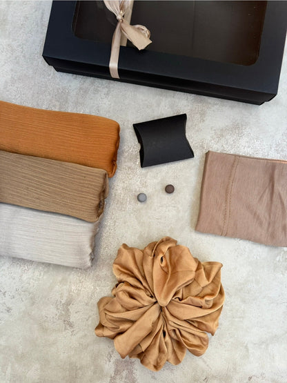 premium plain dubai crinkle 3 ginger hijab set presented in a gift box