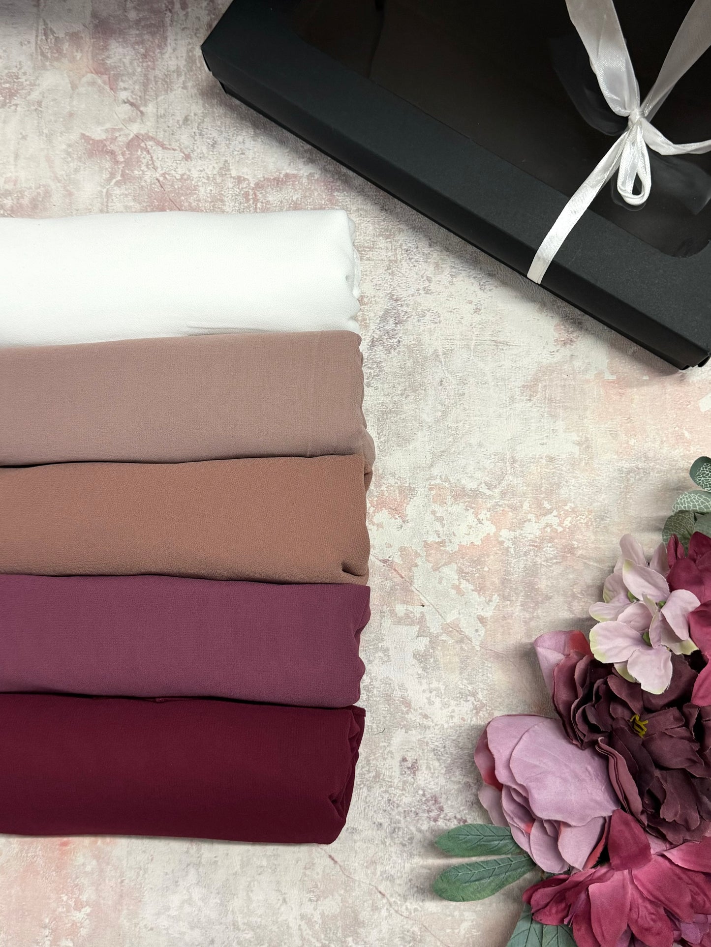 Premium plain maxi chiffon 5 berry hijab set presented in a gift box