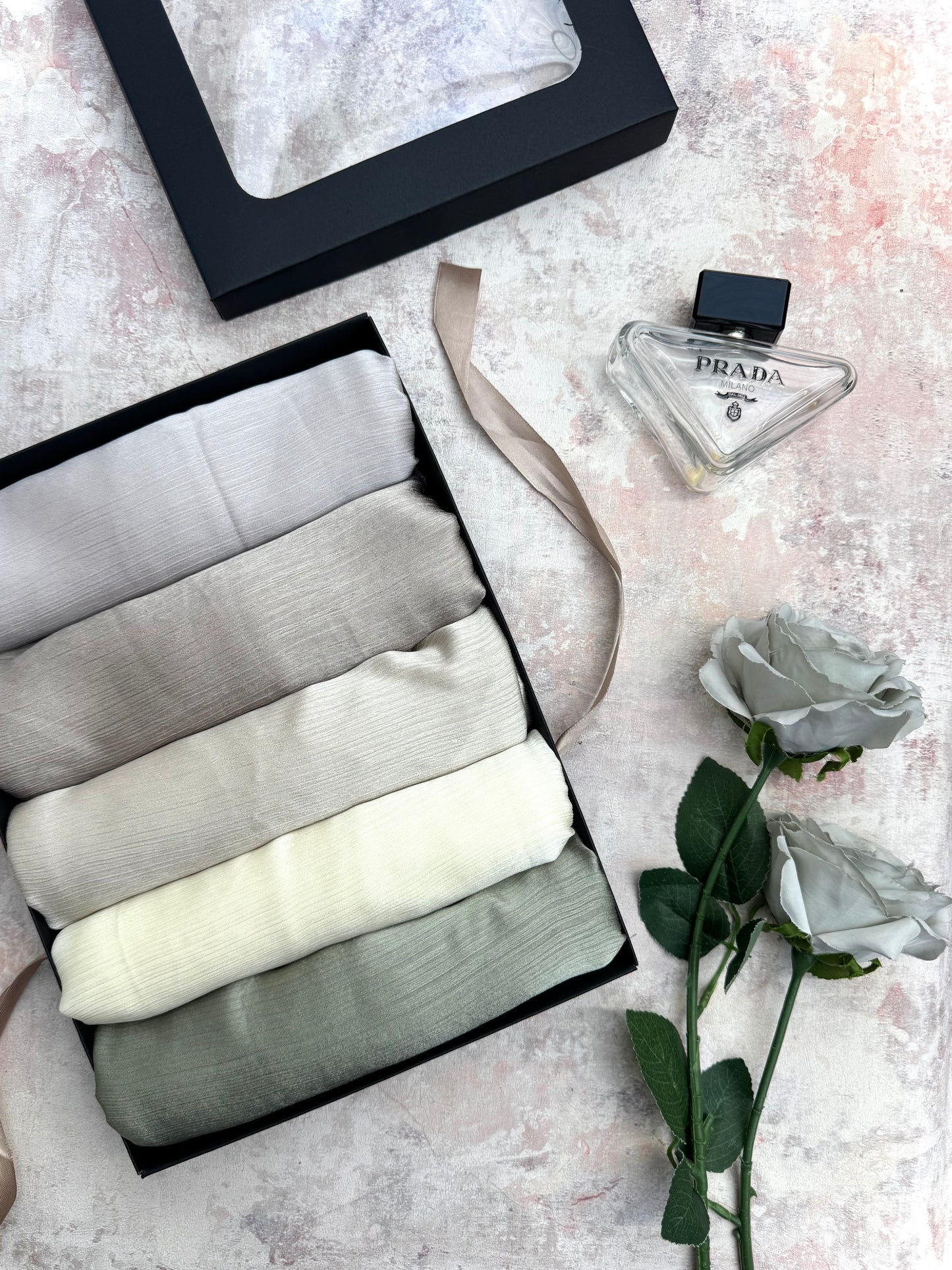 premium plain dubai crinkle 5 sage hijab set presented in a gift box