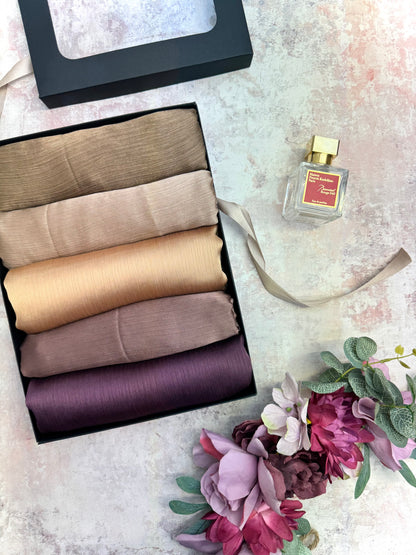 premium plain dubai crinkle 5 gold hijab set presented in a gift box