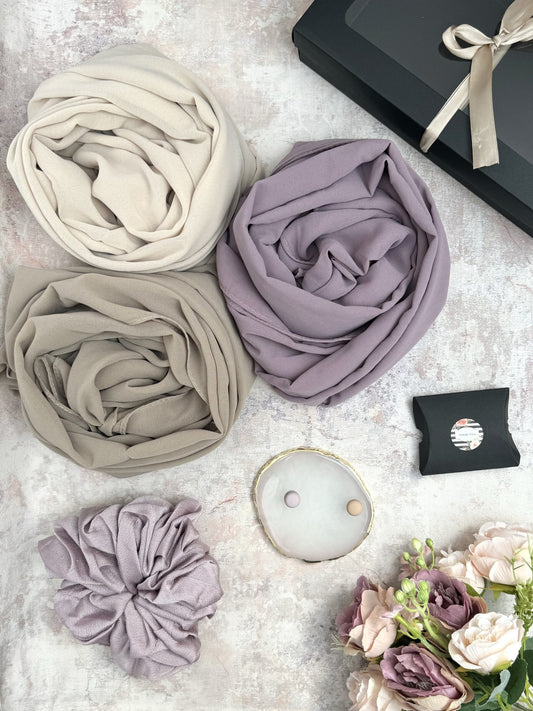 premium plain chiffon 3 mauve hijab set presented in a gift box