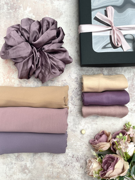 premium plain chiffon 3 mauve hijab set presented in a gift box