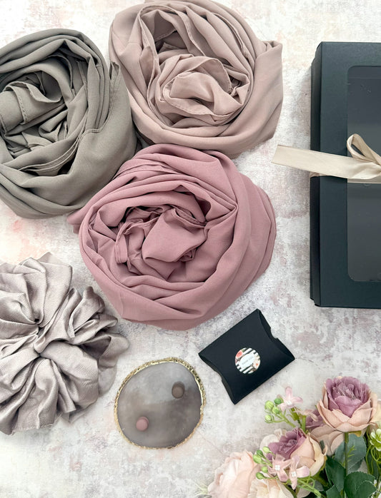 3 exclusive premium plain chiffon truffle hijab set presented in a gift box