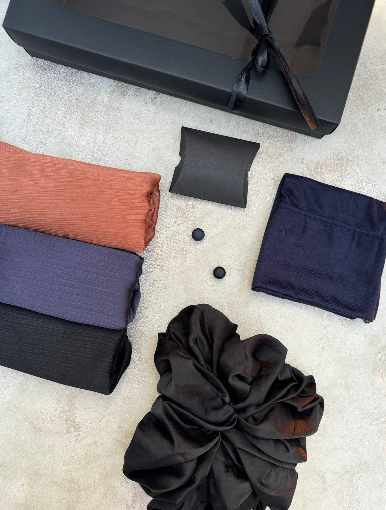 premium plain dubai crinkle 3 denim blue hijab set presented in a gift box