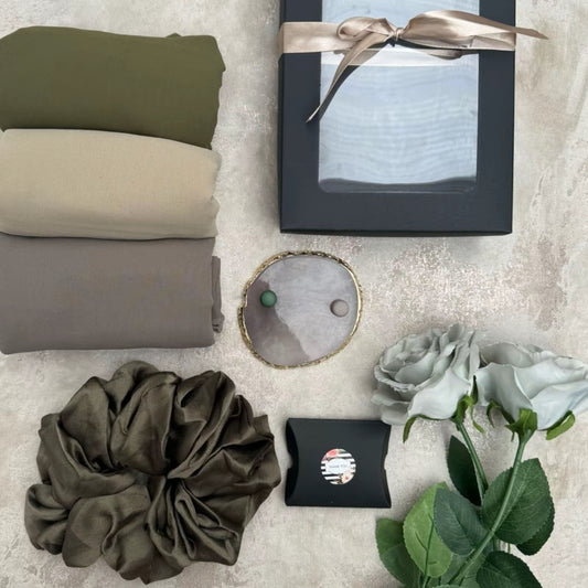 premium plain chiffon 3 army green hijab set presented in a gift box