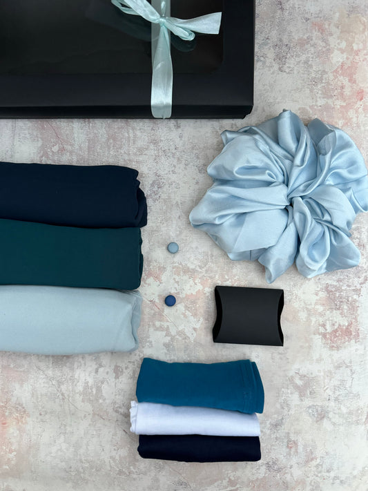 maxi premium plain chiffon 3 ice blue hijab set presented in a gift box