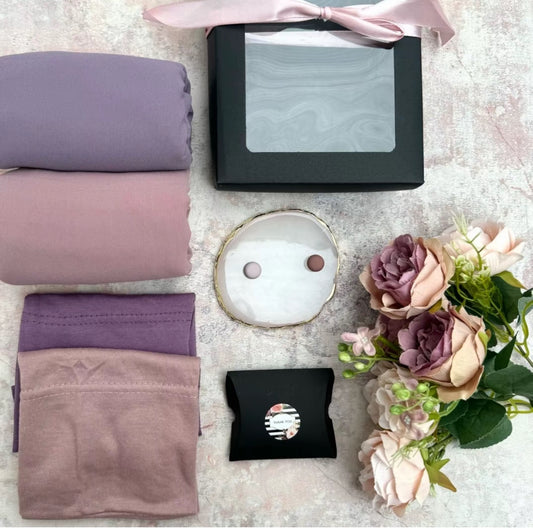 premium plain chiffon 2 lavender hijab set presented in a gift box