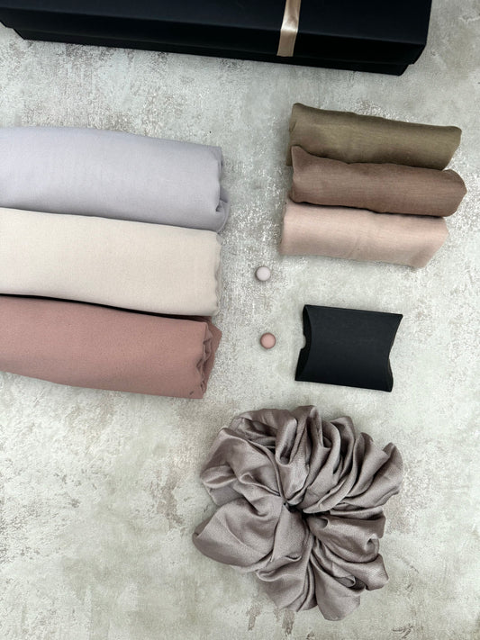 maxi premium plain chiffon 3 latte hijab set presented in a gift box