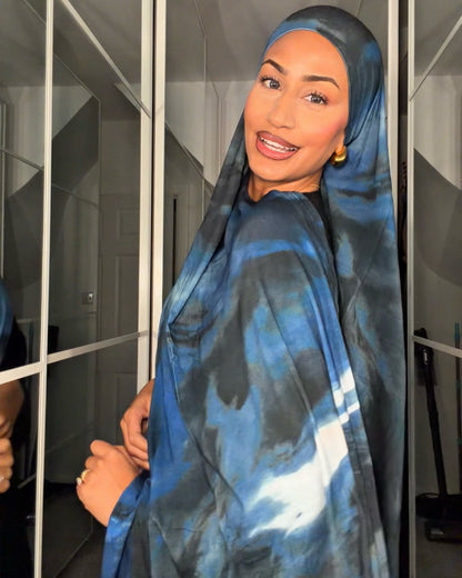 Premium Jersey Powder Blue hijab draped softly on mannequin head.