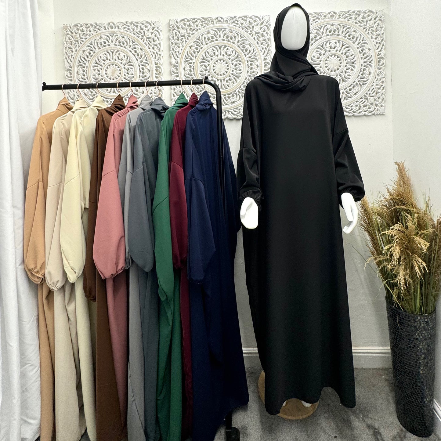 Built in 1pc Nida Fatimah prayer plain light weight abaya set - one size