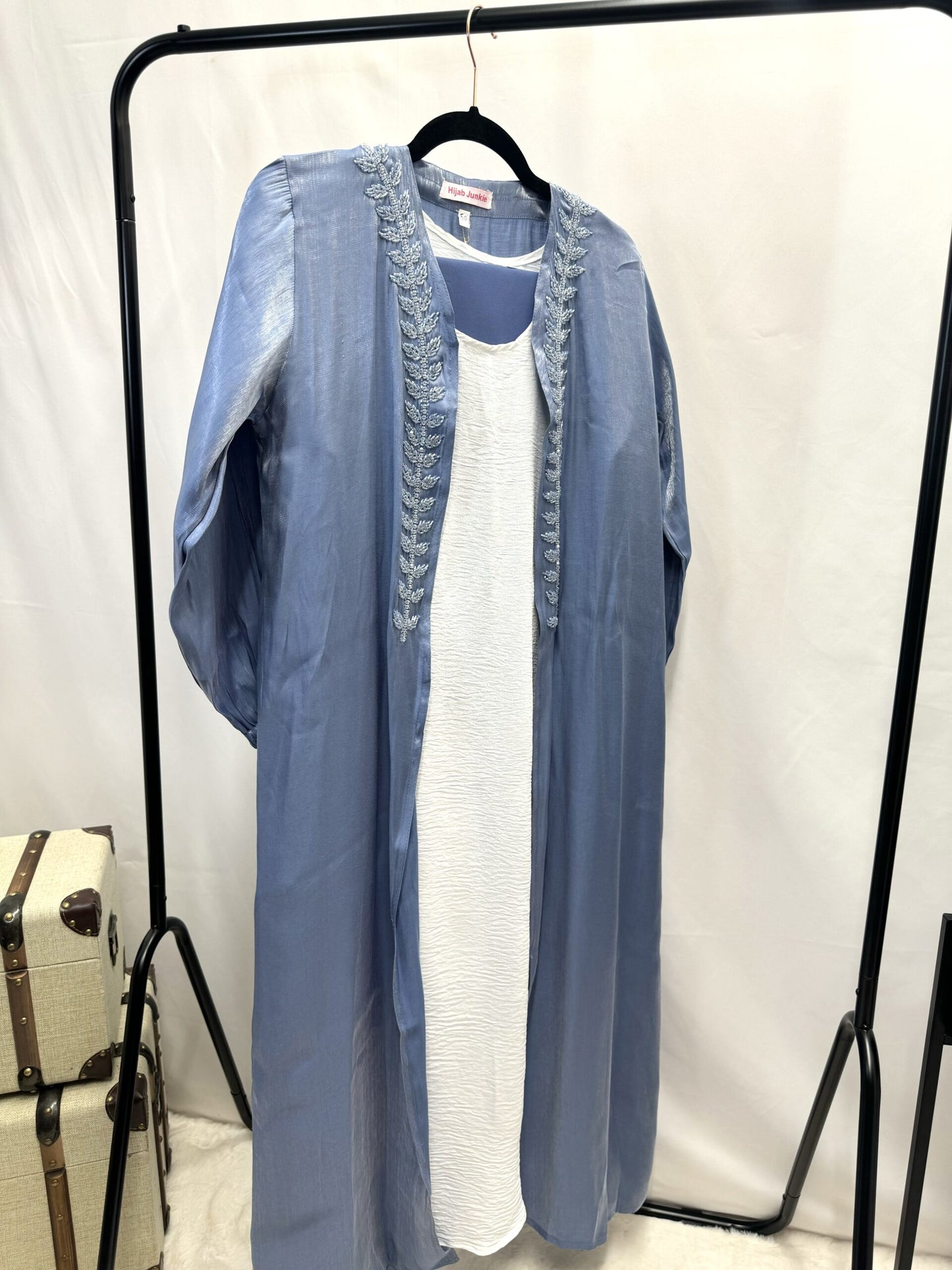 4 piece Aasiyah powder blue beaded organza abaya set