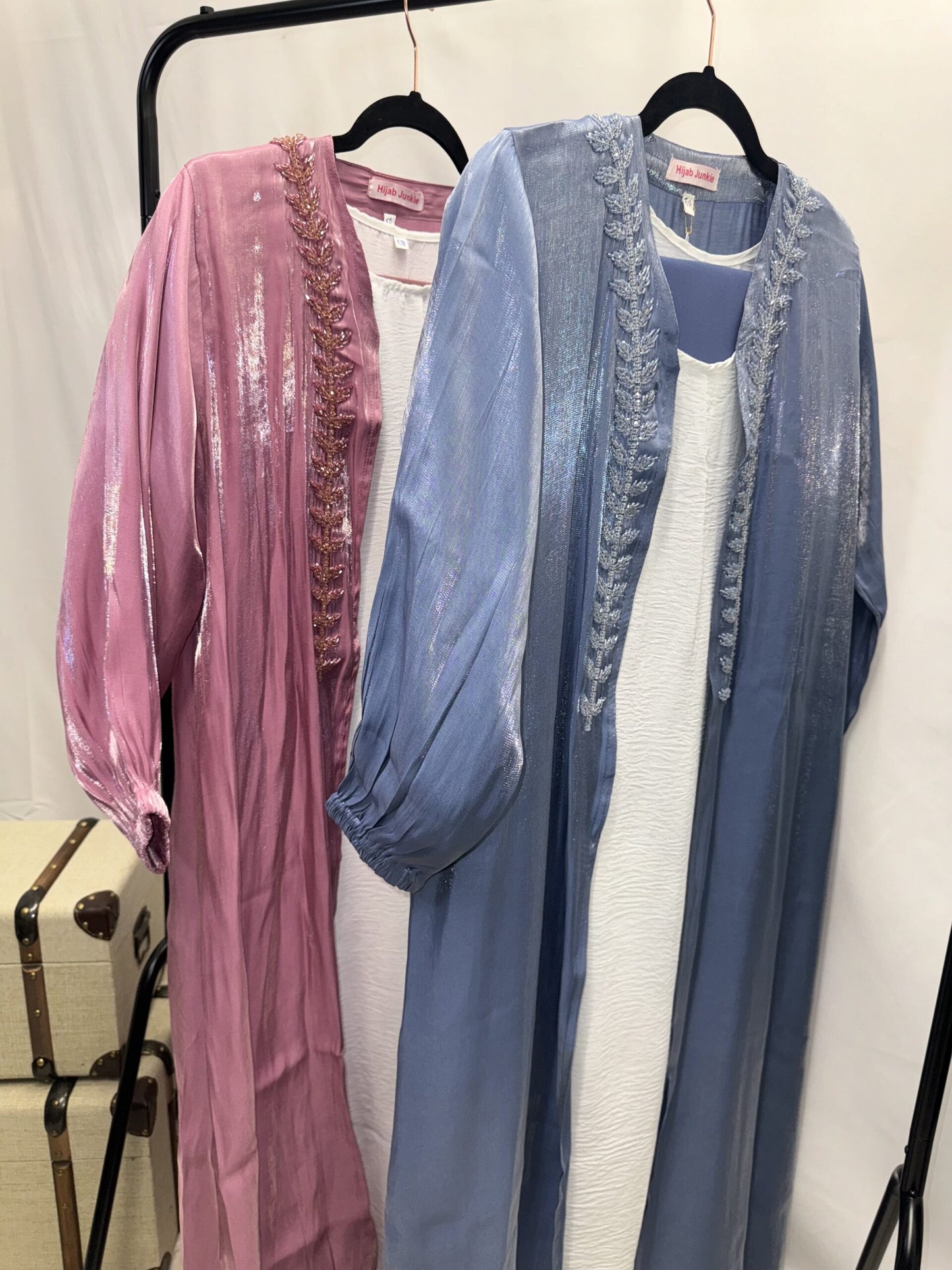 4 piece Aasiyah powder blue beaded organza abaya set