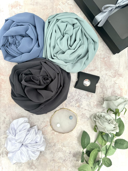 premium plain chiffon 3 duck egg hijab set presented in a gift box